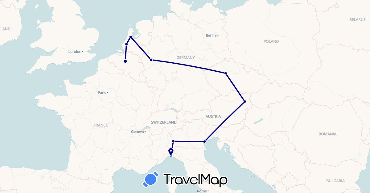 TravelMap itinerary: driving in Austria, Belgium, Czech Republic, Germany, Italy, Netherlands (Europe)